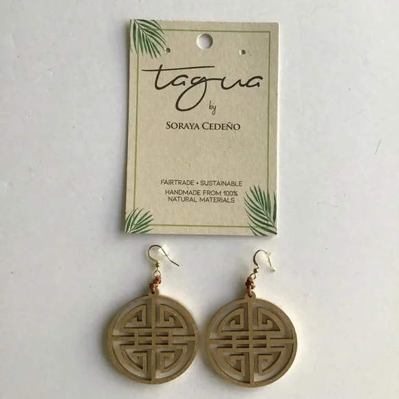 TAGUA Nut Medallion Earrings Asian-Style Matte Gold Open Work Lightweight NEW - Picture 2 of 15